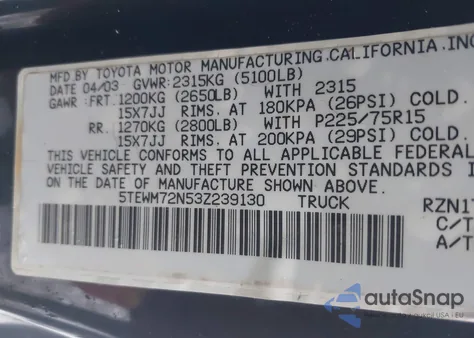 2003 Toyota Tacoma from USA, damaged, VIN 5TEWM72N53Z239130